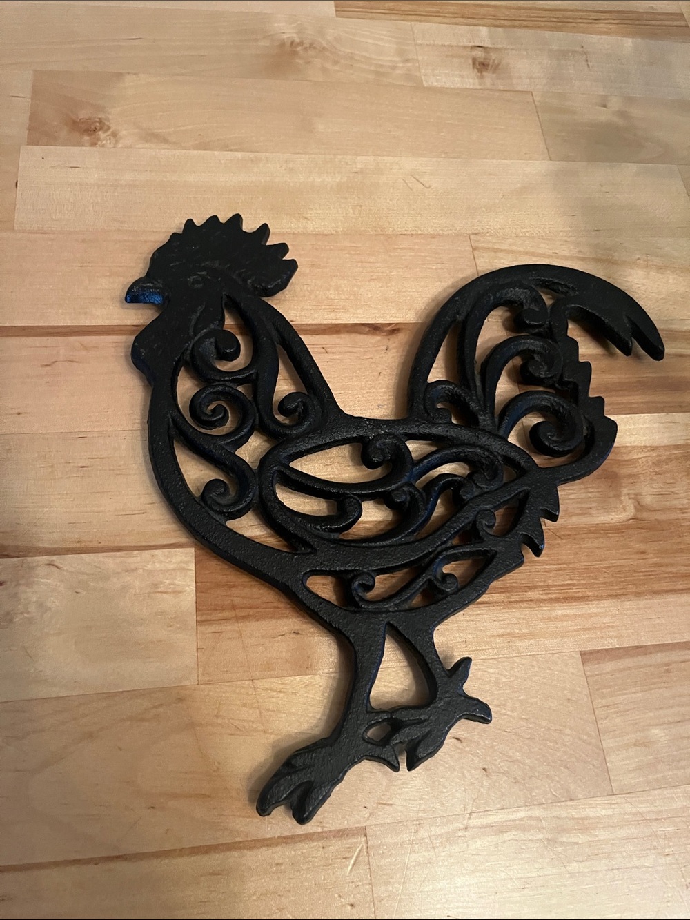 Vintage-Style Ornate Rooster Cast Iron Wall Trivet - Black
